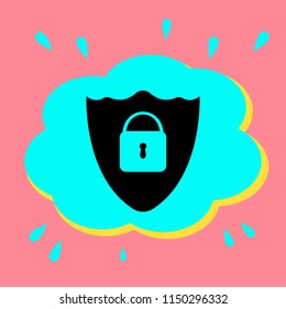 Shield and padlock. Black icon in bubble on pink background. Vector