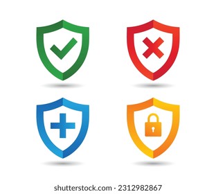 Shield with padlock, Cancel, Cross, and tick sign. Concept of privacy, good password, secure data protection, computer or phone access security, Vector Illustration