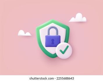 Shield with padlock and check mark. Data protection, safety, encryption, protection, privacy concept. 3D Vector Illustrations.