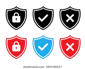 Shield with padlock, checkmark, and cross mark icon in flat style