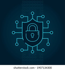 shield with padlock and circuit over blue background, half line style, vector illustration