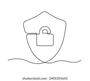 Shield with padlock, continuous one line drawing. Security and protection, safe information on lock. Vector outline illustration