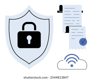Shield with padlock, documents with check marks, and a cloud with wireless symbol. Ideal for cybersecurity, data protection, encryption, cloud storage, and secure documentation. Minimalist modern