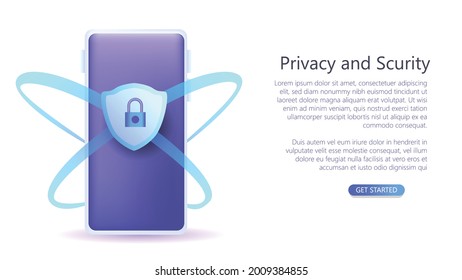 shield and padlock in front of smart phone for smartphone privacy and scurity. cartoon vector illustration