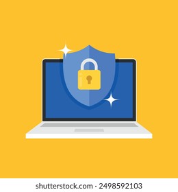 Shield with padlock icon on computer screen. Web security modern flat vector stock illustration.