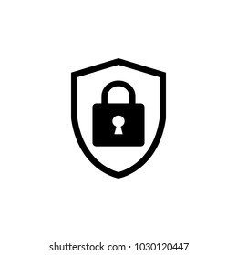 Shield with padlock icon. Vector illustration. Protectoin sign. Flat design. Black on white background.