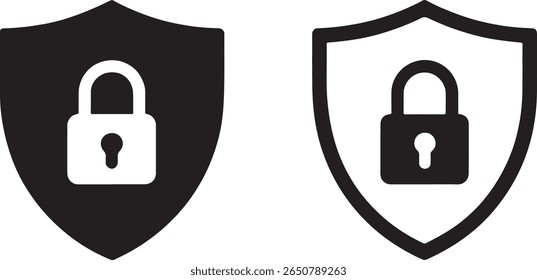 Shield and Padlock Icons Depicting Security Protection and Data Encryption Safeguarding Information Ensuring Confidentiality with Black and White Visuals
