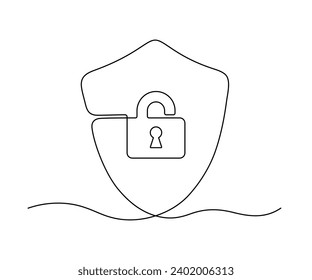 Shield with padlock and key hole, continuous one line drawing. Security and protection, safe information. Vector outline illustration