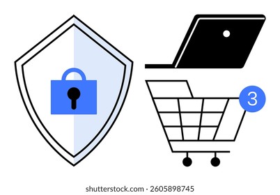 Shield with padlock, laptop, and shopping cart with notification highlight cybersecurity and online shopping. Ideal for digital security, online shopping, e-commerce, internet safety, data