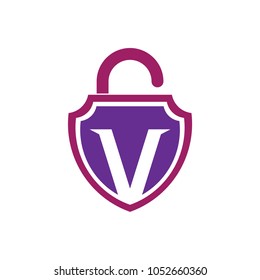 Shield Padlock Letter V Logo Template
