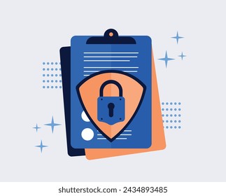 Shield with padlock on the paper with personal data security protection. Flat style. Vector design element