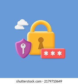 Shield, padlock and password icons. 3d style. pin code, ciber security, protection concept vector.