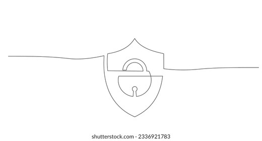 Shield with padlock for protection in continuous single line drawing style. Security symbol. One line drawing of lock. Sigh for concept of information internet, business protection, cyber safety