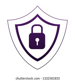 Shield with padlock security symbol in purple lines