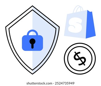 Un escudo con un candado, una bolsa de compras y un símbolo de dólar representan la seguridad de las compras en línea. Ideal para comercio electrónico, ciberseguridad, transacciones en línea, protección de datos, confianza del consumidor. Limpio