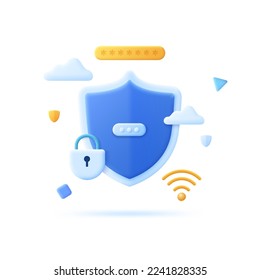 Shield with padlock, sign in bar and wifi symbol. Concept of protected access to network, secure connection, verification, authorization, authentication. Modern vector illustration in pseudo 3d style.