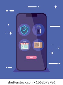shield padlock store and qr code inside smartphone design of technology scan information business price communication barcode digital and data theme Vector illustration