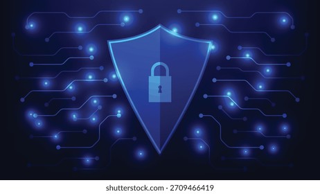 Escudo con símbolo de candado sobre fondo azul con placa de circuito de alta tecnología Tecnología de seguridad cibernética y prevención de fraudes