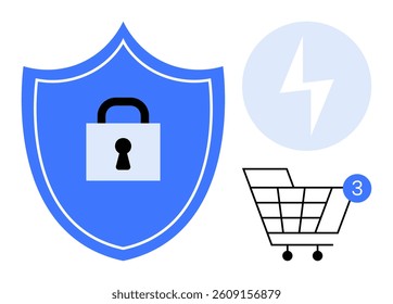 Shield with padlock symbolizing security, a lightning bolt representing energy or speed, and a shopping cart with a 3 notification. Ideal for cybersecurity, e-commerce, online shopping, electrics
