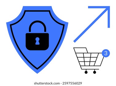 Shield with a padlock symbolizing security, shopping cart with a quantity indicator, and an upward arrow representing growth and improvement. Ideal for e-commerce, online shopping, security, growth
