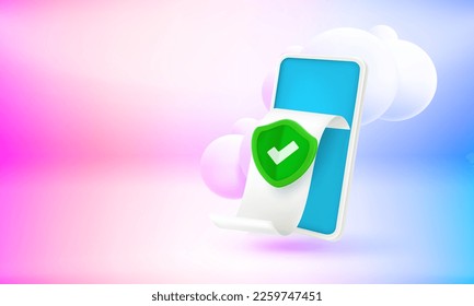 The shield with paper bill and shield. 3d vector banner with copy space