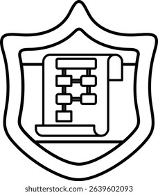 A shield with a paper on it that says "F" on it. The shield is black and white