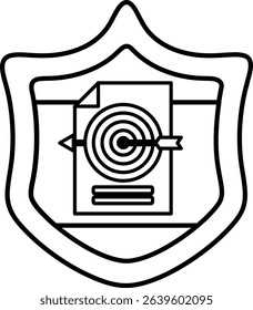A shield with a paper and a target on it. The shield is black and white. The shield is a symbol of protection and the paper and target represent a goal or objective