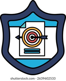 A shield with a paper and a target on it. The shield is blue and white