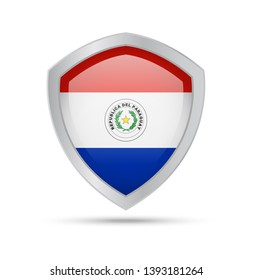Shield with Paraguay flag on white background. Vector illustration.