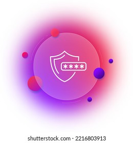 Shield with password line icon. Virus, antivirus, defender, security, internet, protection, cash, alarm, thief. Defense concept. Glassmorphism style. Vector line icon for Business and Advertising