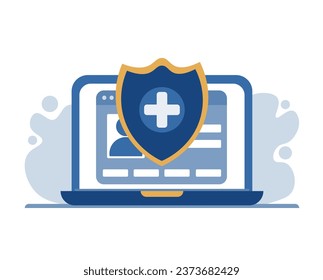 Escudo, protección de datos de pacientes, información personal, seguro de salud. Ilustración vectorial para diseño web y aplicaciones.