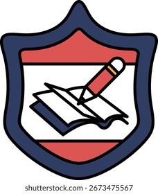 A shield with a pen and a book on it. The shield is blue and red