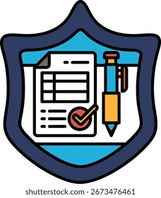 A shield with a pen and a piece of paper with a check mark on it. The shield is blue and white