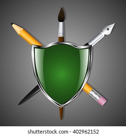 Shield with a pencil, art pen and brush. Heraldry for learning and creativity. Vector Image.