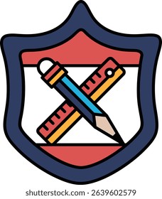 A shield with a pencil and ruler on it. The shield is blue and red