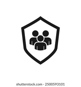 Shield with people. Family protection icon flat style isolated on white background. Vector illustration