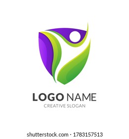 Shield And People Logo Template, Modern 3d Logo Style In Gradient Green And Purple Color