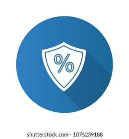 Shield with percent flat design long shadow glyph icon. Safe investment. Vector silhouette illustration