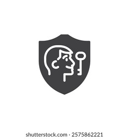 A shield with a person and key vector icon. filled flat sign for mobile concept and web design. Identity Theft Insurance glyph icon. Security, privacy symbol, logo illustration. Vector graphics