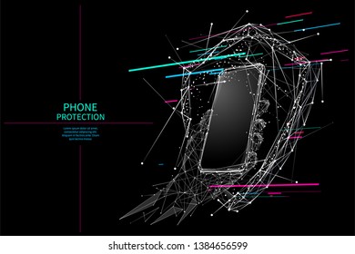 A shield and phone composed of polygons. Low poly vector illustration consists of lines, dots and shapes. Data protection or secure and computer symbol. Glitch Isolated abstract white on black image