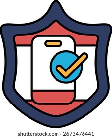 A shield with a phone on it and a check mark. The shield is blue and red