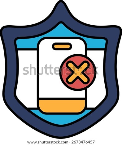 A shield with a phone on it and an X on it. The shield is blue and white