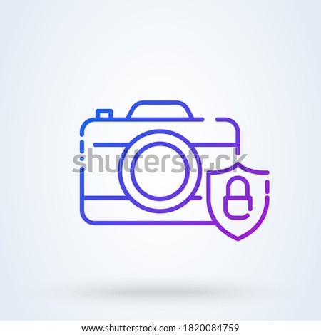 Shield and Photo Camera sign line icon or logo. device privacy and shield concept. unlocked Shield and password of camera security linear illustration.