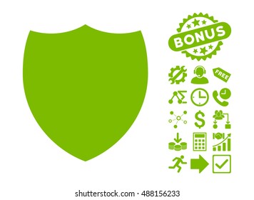 Shield pictograph with bonus pictograph collection. Vector illustration style is flat iconic symbols, eco green color, white background.