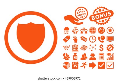 Shield pictograph with bonus pictograph collection. Vector illustration style is flat iconic symbols, orange color, white background.