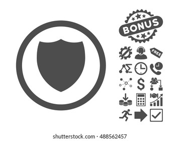 Shield pictograph with bonus design elements. Vector illustration style is flat iconic symbols, gray color, white background.
