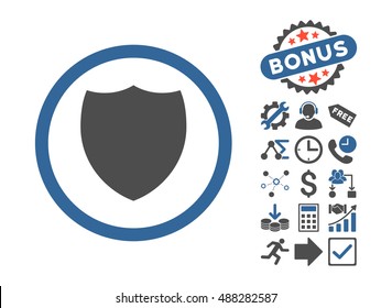 Shield pictograph with bonus pictogram. Vector illustration style is flat iconic bicolor symbols, cobalt and gray colors, white background.