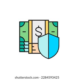 Shield with pile of money banknotes, money safety, insurance, protection money color lineal icon. Cash payment, paper bill, dollar symbol design.