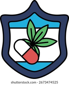 A shield with a pill and a leaf on it. The pill is a medicine and the leaf is a plant