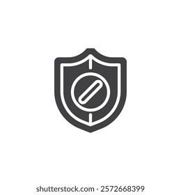 A shield with a pill vector icon. filled flat sign for mobile concept and web design. Safe Painkiller Use glyph icon. Medical insurance symbol, logo illustration. Vector graphics
